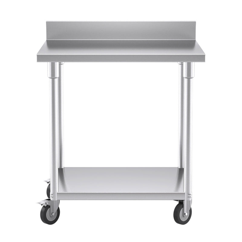 80cm Commercial Catering Kitchen Stainless Steel Prep Work Bench Table with Backsplash and Caster Wheels