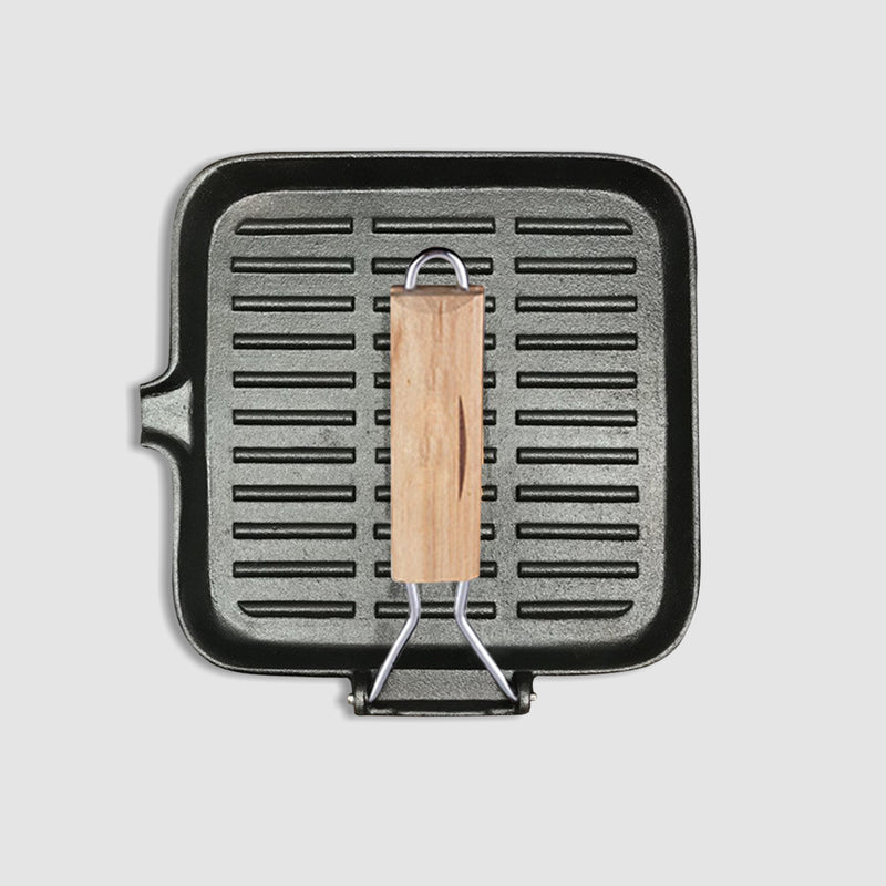 2X 24cm Ribbed Cast Iron Square Steak Frying Grill Skillet Pan with Folding Wooden Handle