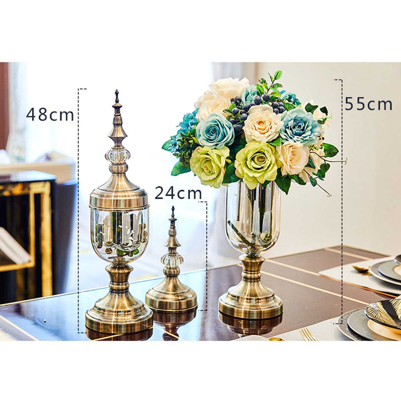 2X Clear Glass Flower Vase with Lid and White Flower Filler Vase Gold Set