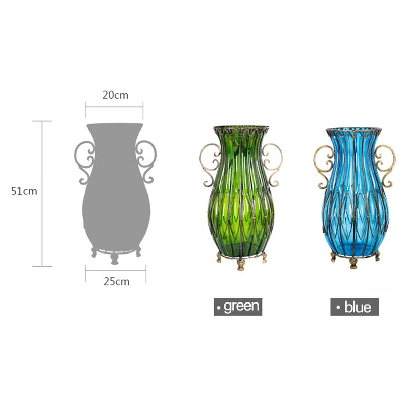 51cm Green Glass Oval Floor Vase with Metal Flower Stand