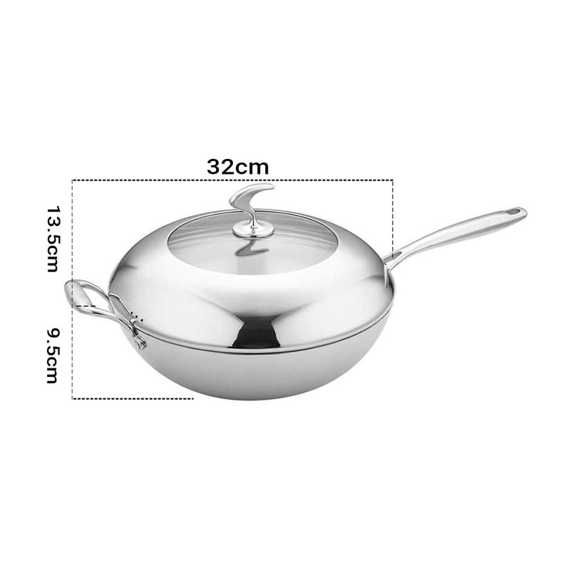 18/10 Stainless Steel Fry Pan 32cm Frying Pan Top Grade Non Stick Interior Skillet with Helper Handle and Lid