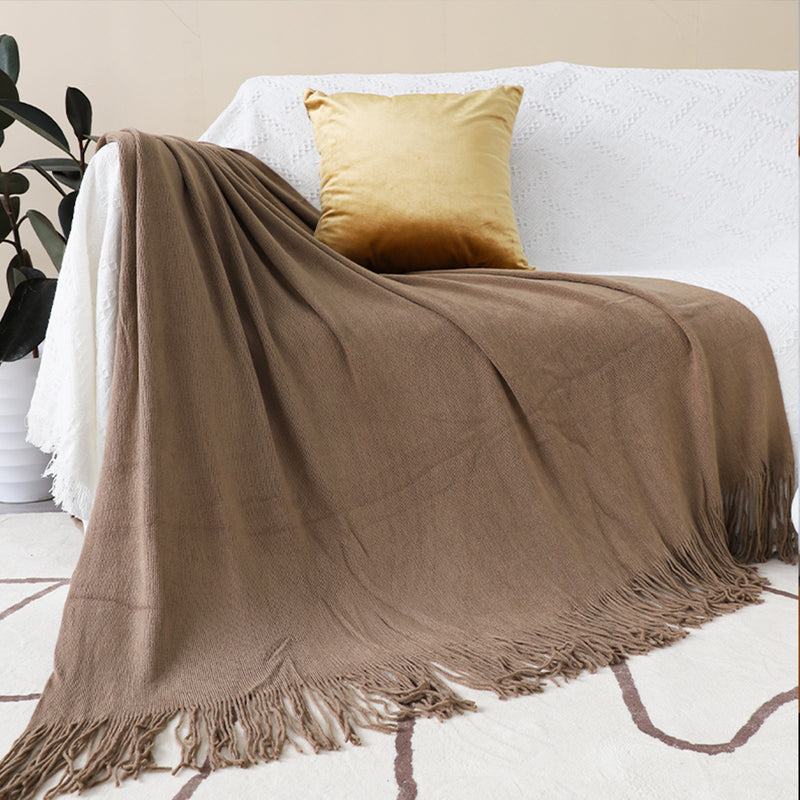 Coffee Acrylic Knitted Throw Blanket Solid Fringed Warm Cozy Woven Cover Couch Bed Sofa Home Decor