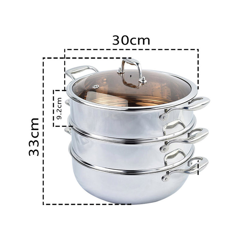 2X 3 Tier 30cm Heavy Duty Stainless Steel Food Steamer Vegetable Pot Stackable Pan Insert with Glass Lid