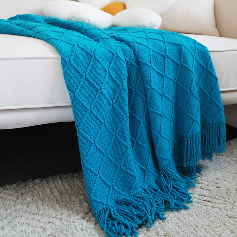 Blue Diamond Pattern Knitted Throw Blanket Warm Cozy Woven Cover Couch Bed Sofa Home Decor with Tassels