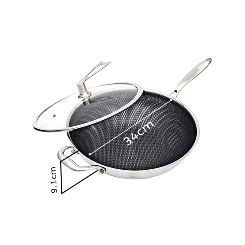 2X 34cm Stainless Steel Tri-Ply Frying Cooking Fry Pan Textured Non Stick Skillet with Glass Lid and Helper Handle