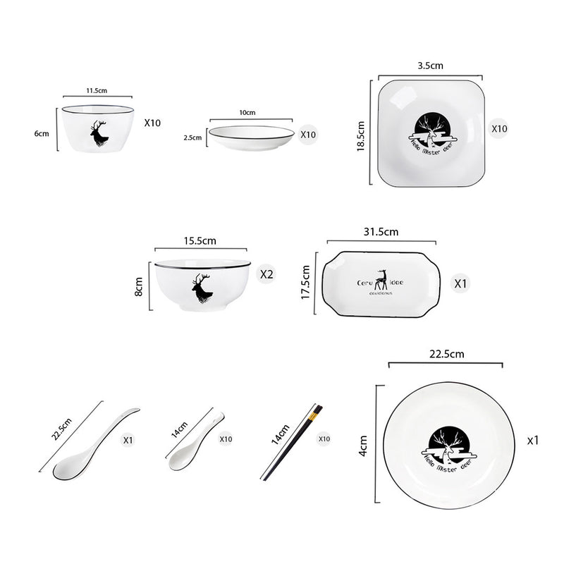 White Antler Printed Ceramic Dinnerware Set Crockery Soup Bowl Plate Server Kitchen Home Decor Set of 34