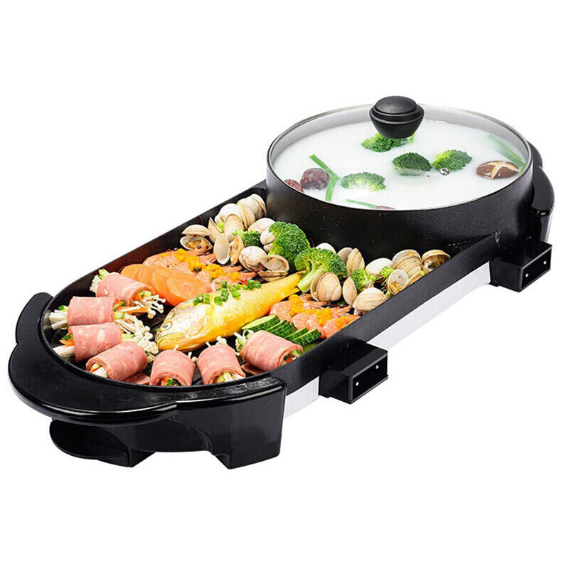 2 in 1 Electric Non-Stick BBQ Teppanyaki Grill Plate Steamboat Hotpot 2-8 Person