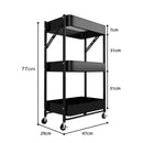 3 Tier Steel Black Foldable Kitchen Cart Multi-Functional Shelves Portable Storage Organizer with Wheels