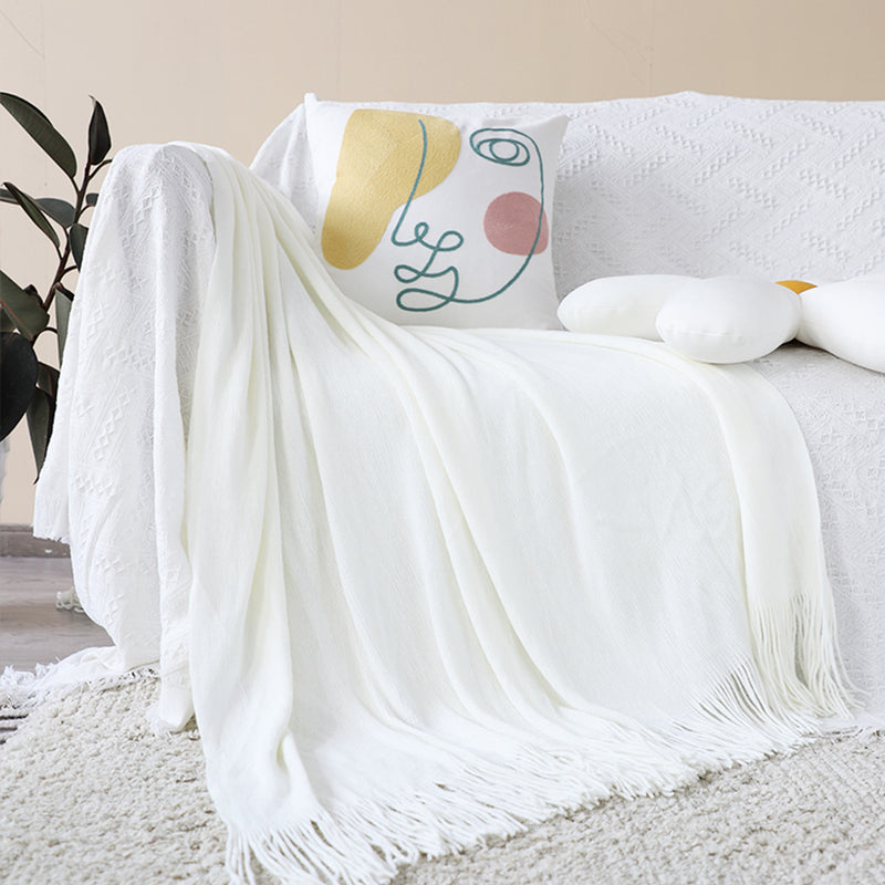 2X White Acrylic Knitted Throw Blanket Solid Fringed Warm Cozy Woven Cover Couch Bed Sofa Home Decor