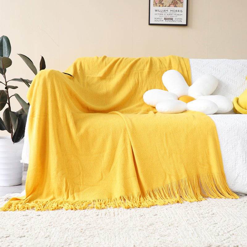 2X Yellow Acrylic Knitted Throw Blanket Solid Fringed Warm Cozy Woven Cover Couch Bed Sofa Home Decor