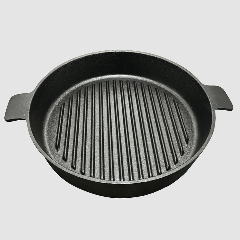 2X 26cm Round Ribbed Cast Iron Frying Pan Skillet Steak Sizzle Platter with Handle