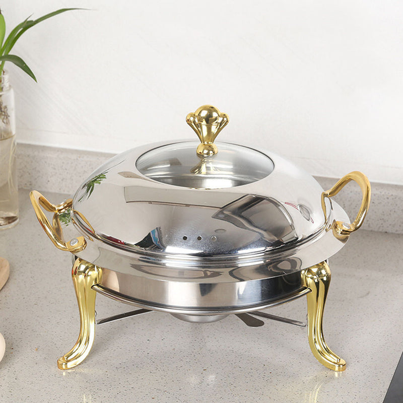 Stainless Steel Gold Accents Round Buffet Chafing Dish Cater Food Warmer Chafer with Glass Top Lid