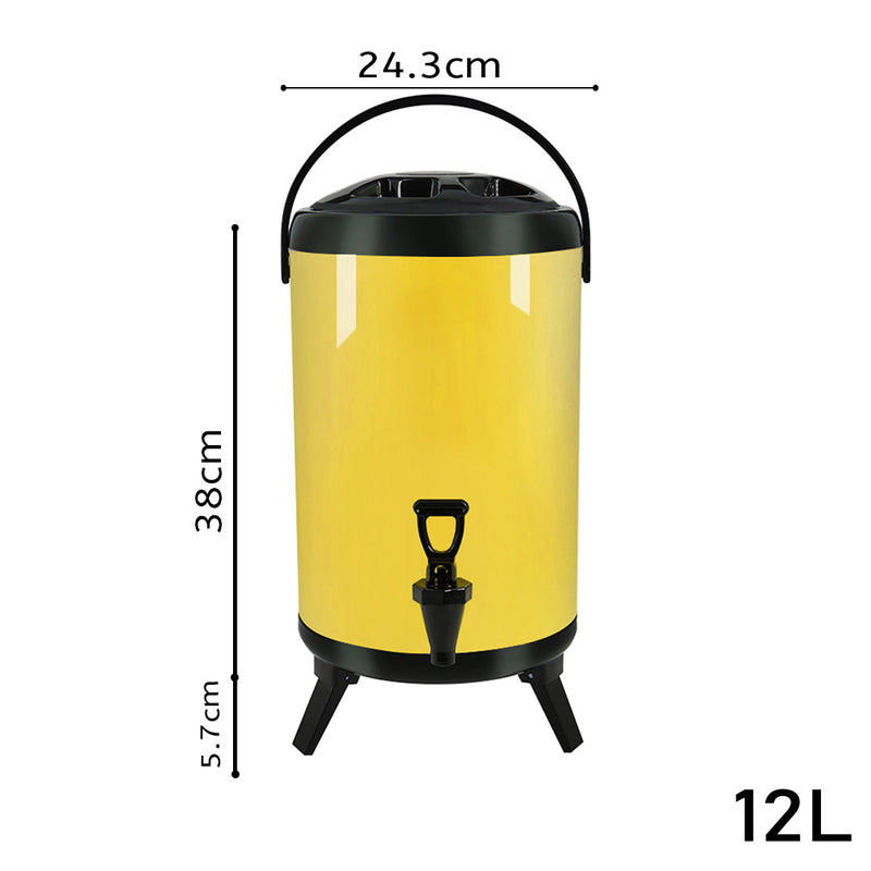 12L Stainless Steel Insulated Milk Tea Barrel Hot and Cold Beverage Dispenser Container with Faucet Yellow