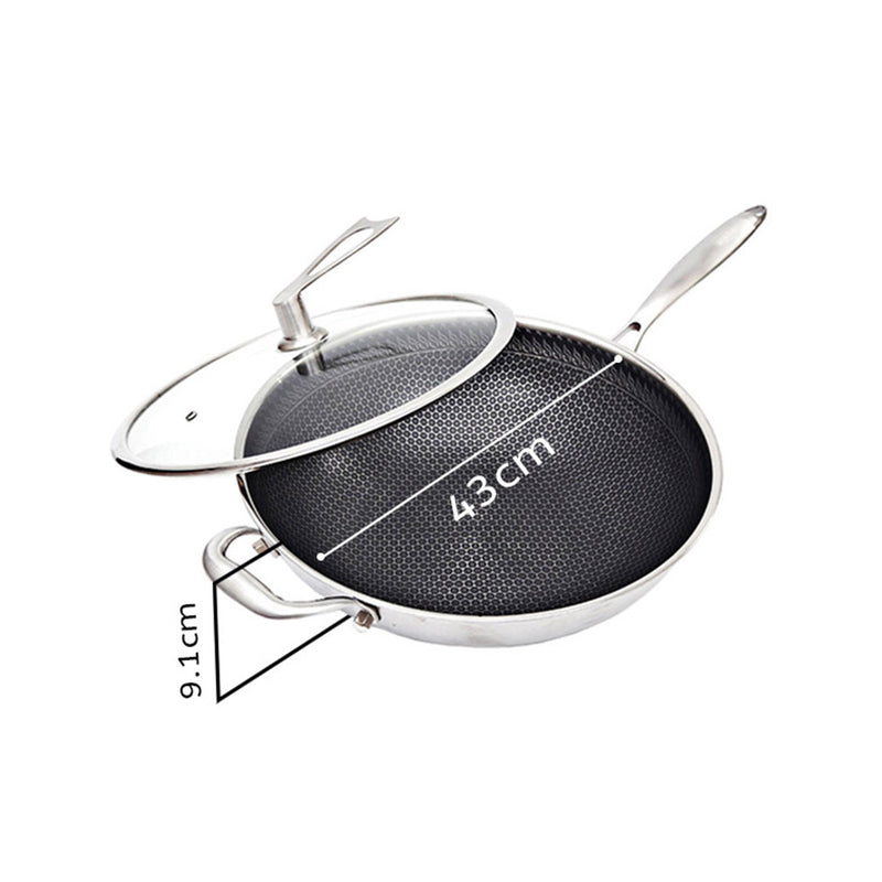 34cm Stainless Steel Tri-Ply Frying Cooking Fry Pan Textured Non Stick Skillet with Glass Lid and Helper Handle