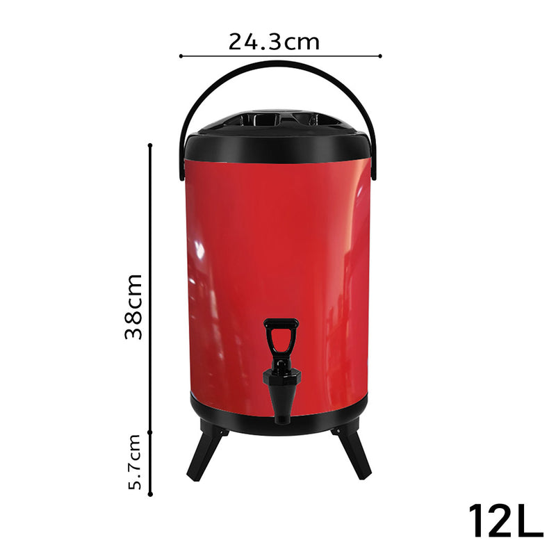 12L Stainless Steel Insulated Milk Tea Barrel Hot and Cold Beverage Dispenser Container with Faucet Red