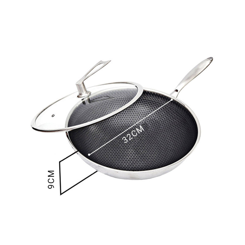 32cm Stainless Steel Tri-Ply Frying Cooking Fry Pan Textured Non Stick Interior Skillet with Glass Lid