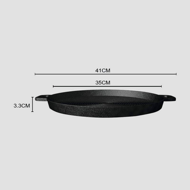 2X 35cm Round Ribbed Cast Iron Frying Pan Skillet Steak Sizzle Platter with Handle