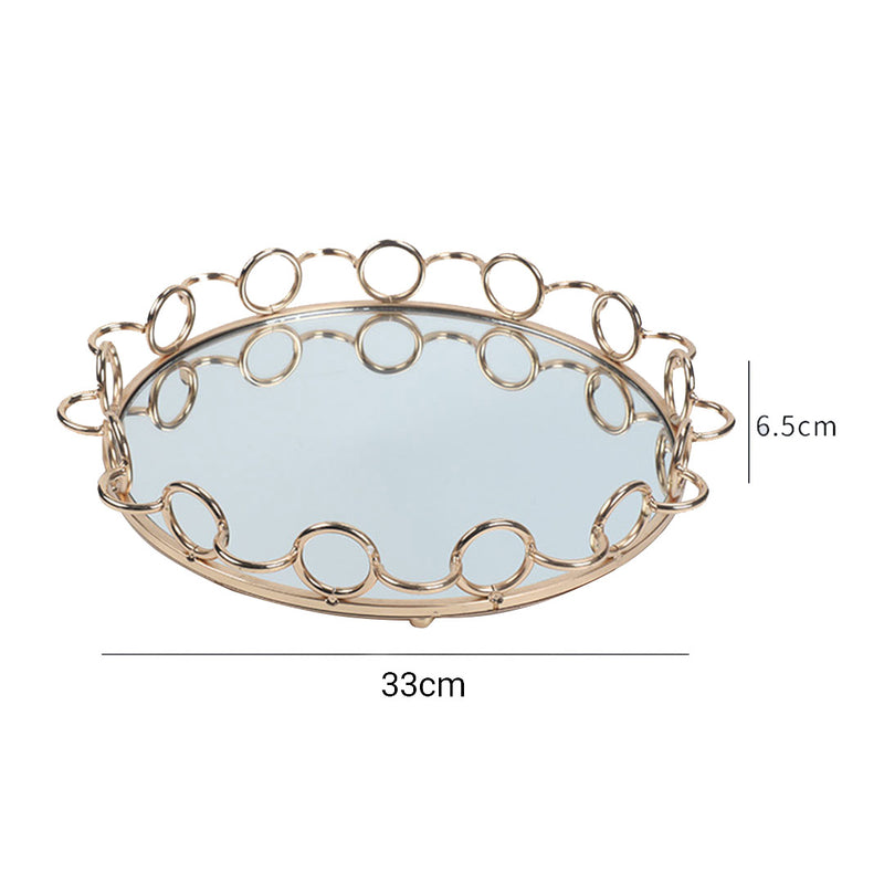 33cm Bronze-Colored Round Mirror Glass Metal Tray Vanity Makeup Perfume Jewelry Organiser with Handles