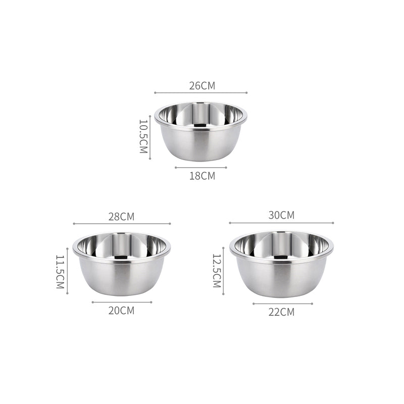 3Pcs Deepen Polished Stainless Steel Stackable Baking Washing Mixing Bowls Set Food Storage Basin