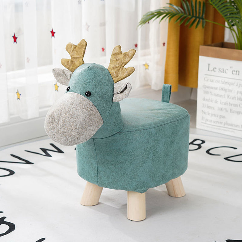 Green Children Bench Deer Character Round Ottoman Stool Soft Small Comfy Seat Home Decor
