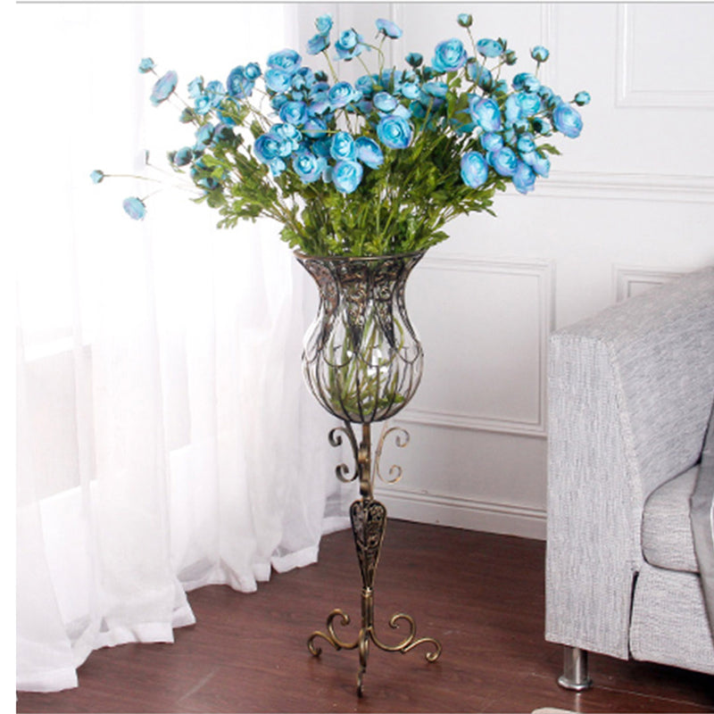 85cm European Clear Glass Floor Home Decor Flower Vase with Tall Metal Stand