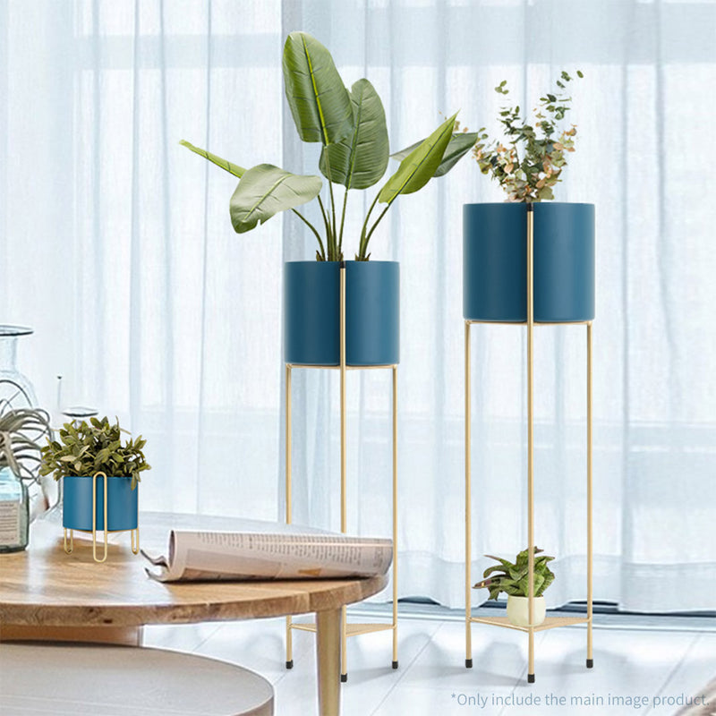 2 Layer 81cm Gold Metal Plant Stand with Blue Flower Pot Holder Corner Shelving Rack Indoor Display