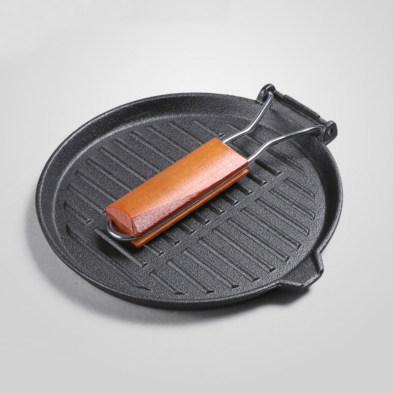 2X 24cm Round Ribbed Cast Iron Steak Frying Grill Skillet Pan with Folding Wooden Handle