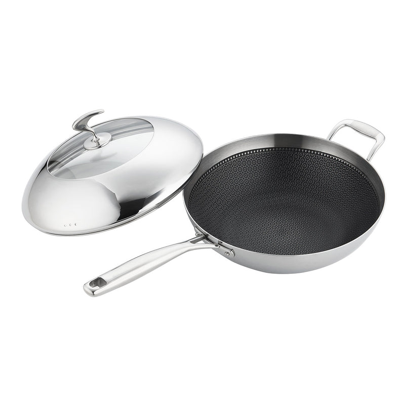 18/10 Stainless Steel Fry Pan 32cm Frying Pan Top Grade Non Stick Interior Skillet with Helper Handle and Lid