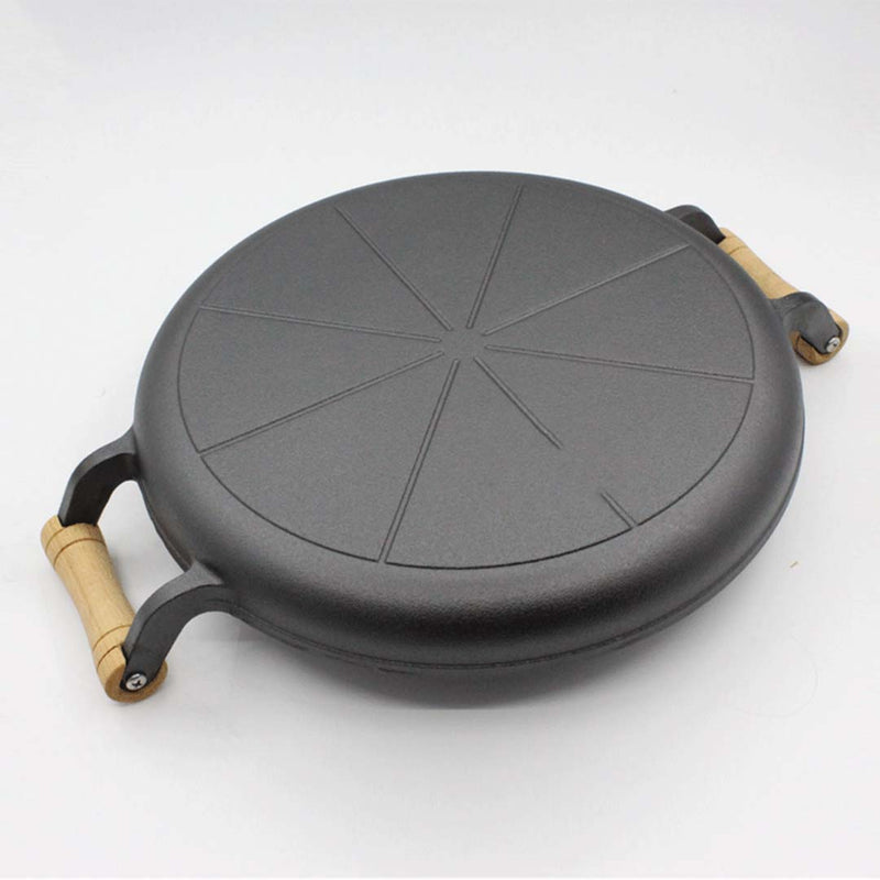 2X 35cm Cast Iron Frying Pan Skillet Steak Sizzle Fry Platter With Wooden Handle No Lid