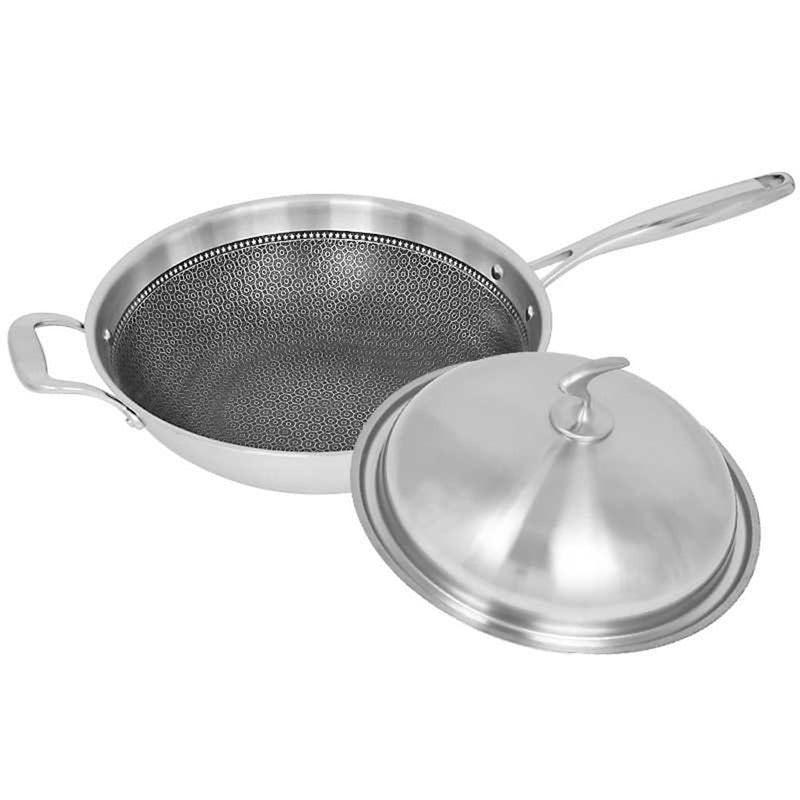 2X 18/10 Stainless Steel Fry Pan 34cm Frying Pan Top Grade Textured Non Stick Interior Skillet with Helper Handle and Lid