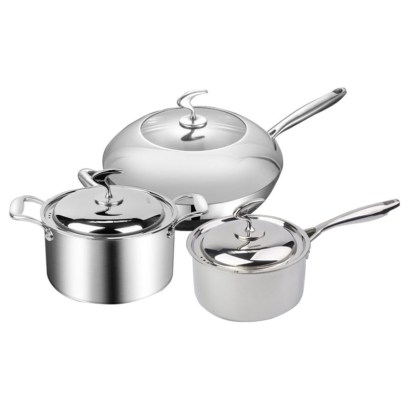 6 Piece Cookware Set 18/10 Stainless Steel 3-Ply Frying Pan, Milk, and Soup Pot with Lid