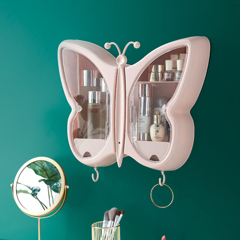 2X Pink Butterfly Shape Wall-Mounted Makeup Organiser Dustproof Waterproof Bathroom Storage Box Home Decor