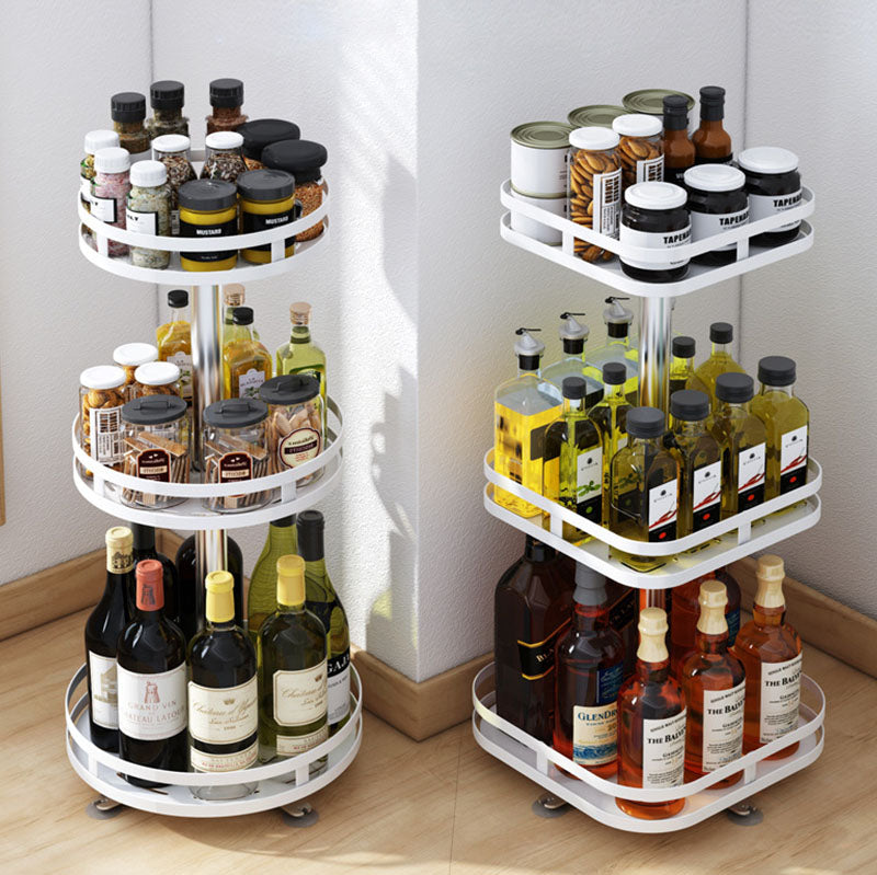 3 Tier Steel White Square Rotating Multi-Function Kitchen Portable Storage Spice Seasoning Kitchen Countertop Organiser Shelf