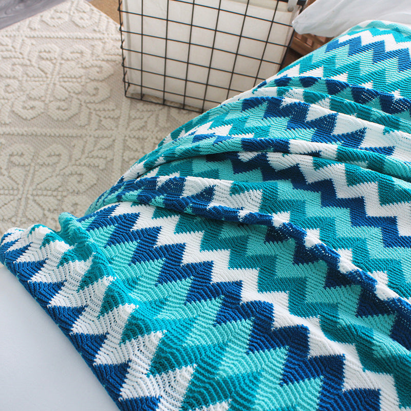 220cm Blue Zigzag Striped Throw Blanket Acrylic Wave Knitted Fringed Woven Cover Couch Bed Sofa Home Decor