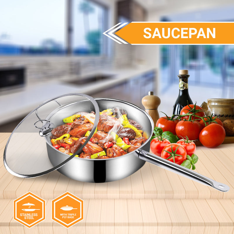 30cm Stainless Steel Saucepan Sauce pan with Glass Lid and Helper Handle Triple Ply Base Cookware