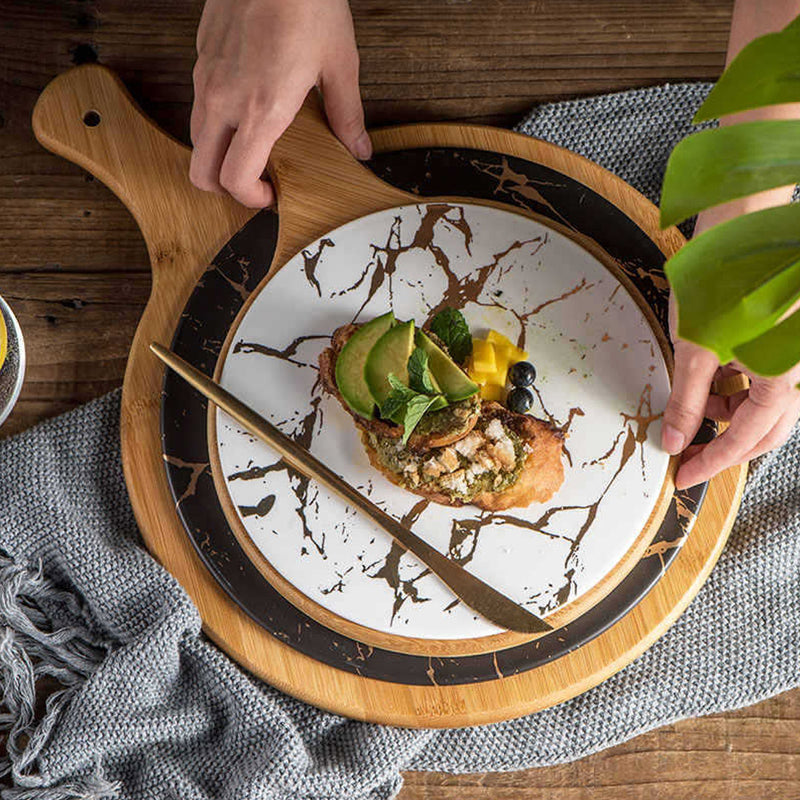 2X 30cm White Circle Wooden Serving Tray Slate Steak Serving Platter Chopping Board Paddle Home Decor