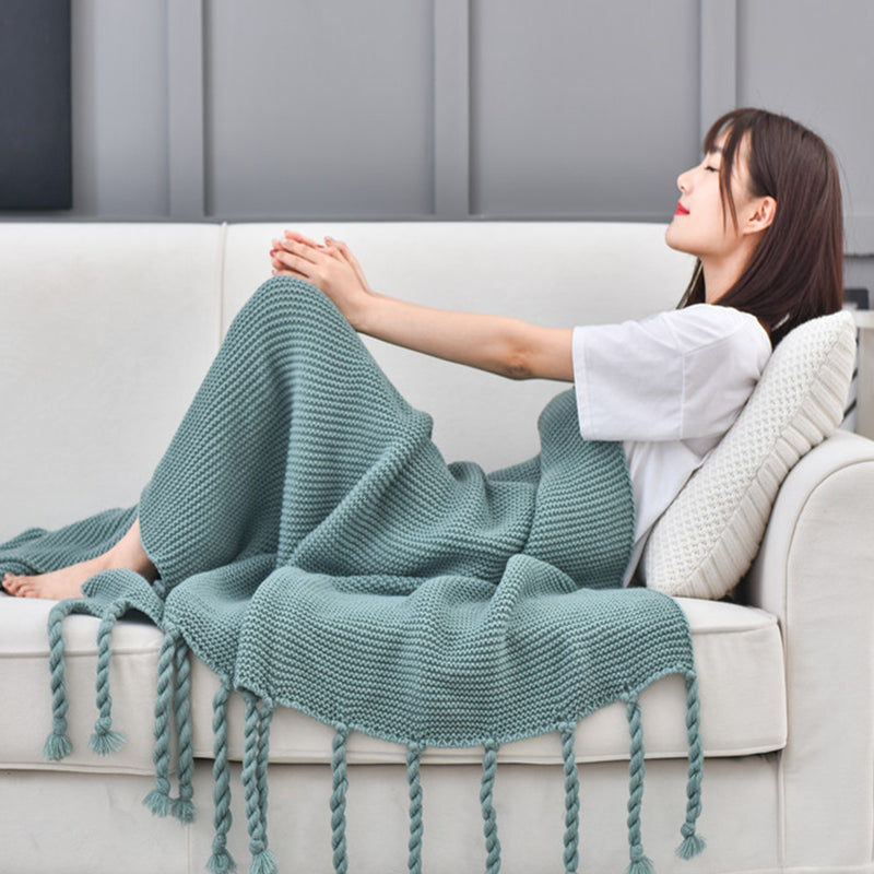 Green Tassel Fringe Knitting Blanket Warm Cozy Woven Cover Couch Bed Sofa Home Decor