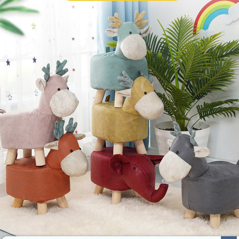 Grey Children Bench Deer Character Round Ottoman Stool Soft Small Comfy Seat Home Decor