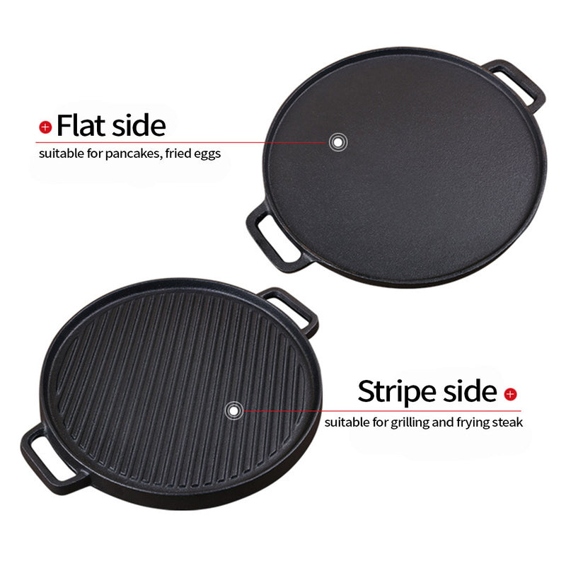 30cm Round Cast Iron Ribbed BBQ Pan Skillet Steak Sizzle Platter with Handle