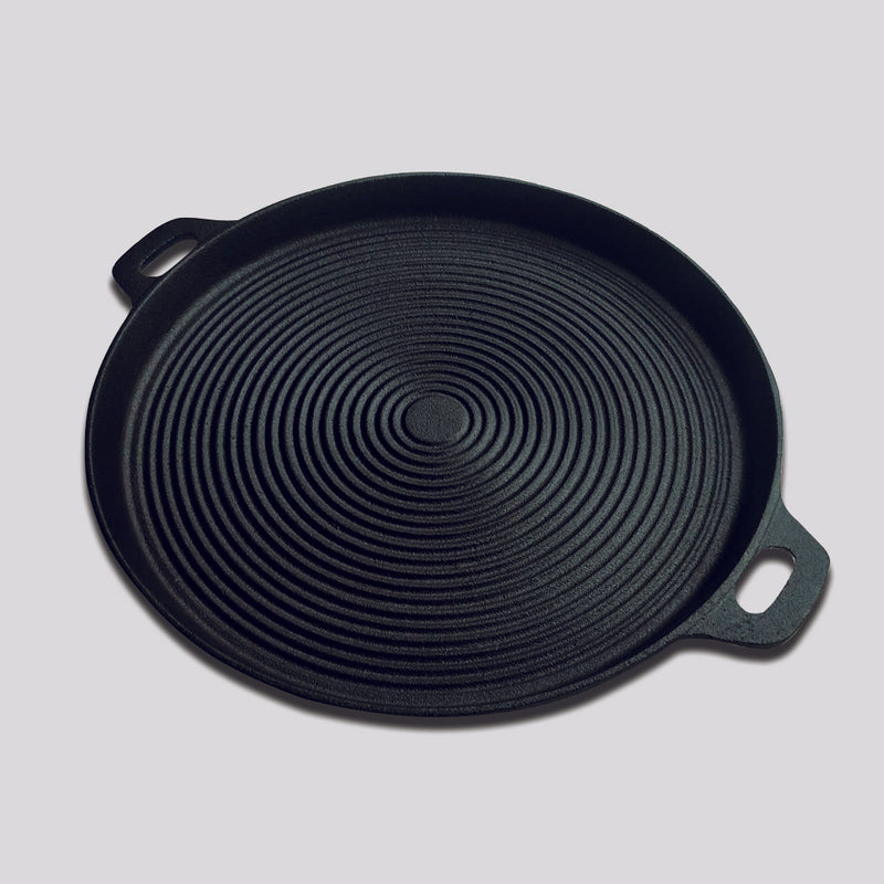 2X 35cm Round Ribbed Cast Iron Frying Pan Skillet Steak Sizzle Platter with Handle