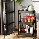 3 Tier Steel Black Foldable Kitchen Cart Multi-Functional Shelves Portable Storage Organizer with Wheels