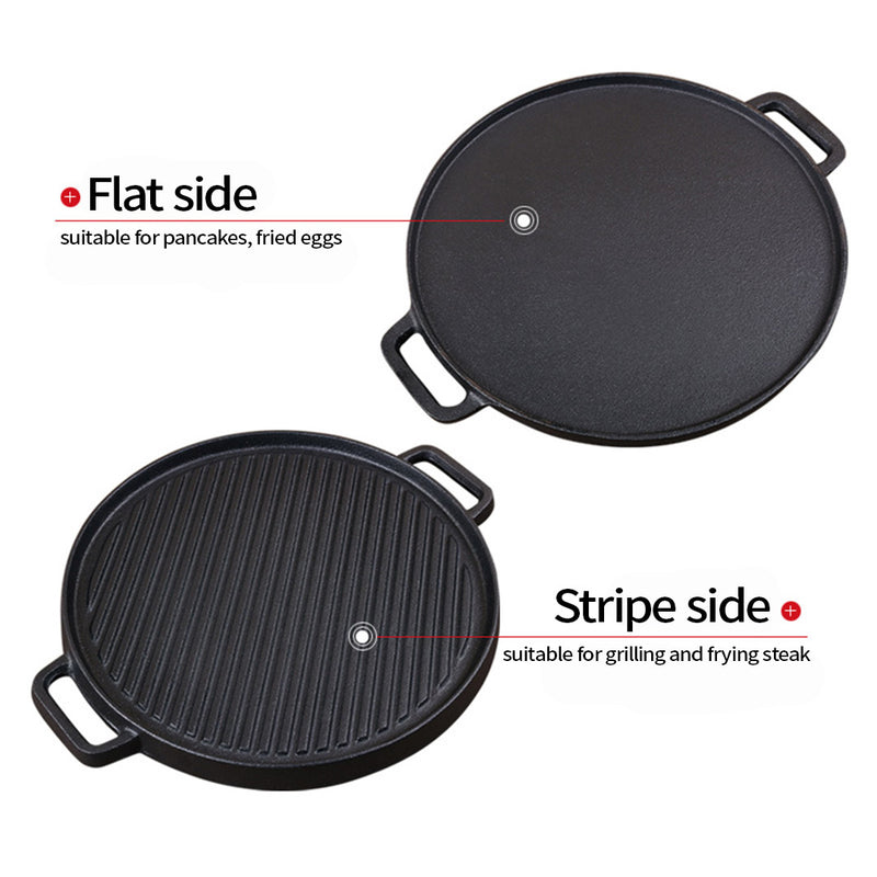 2X 30cm Round Cast Iron Ribbed BBQ Pan Skillet Steak Sizzle Platter with Handle