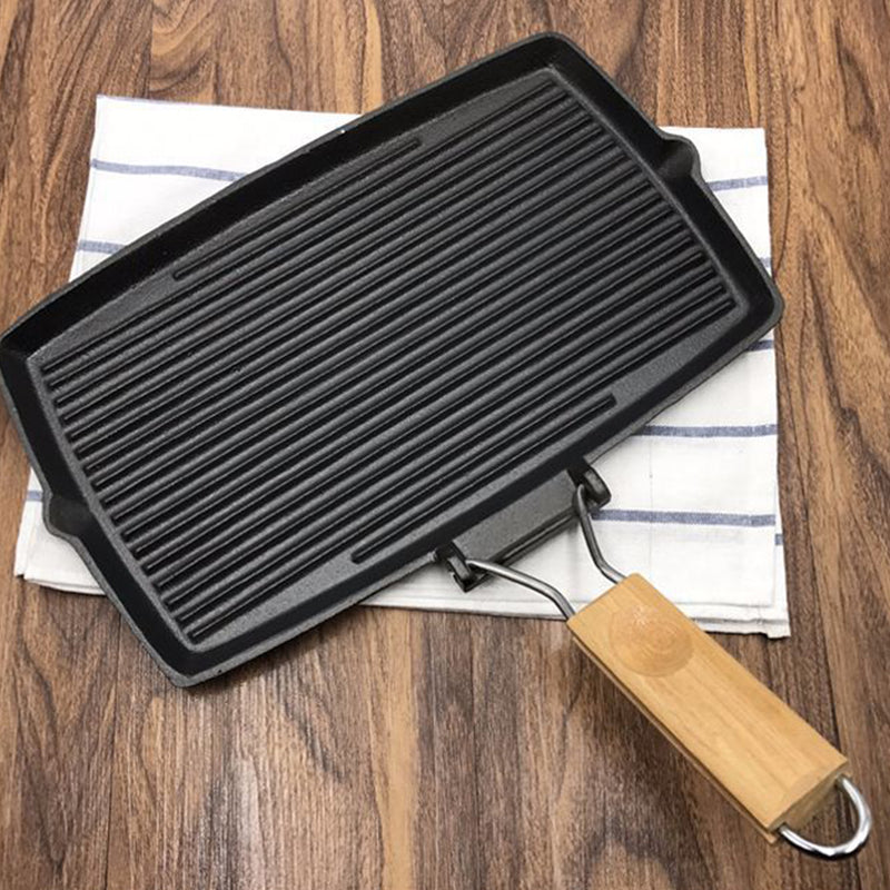 2X 20.5cm Rectangular Cast Iron Griddle Grill Frying Pan with Folding Wooden Handle