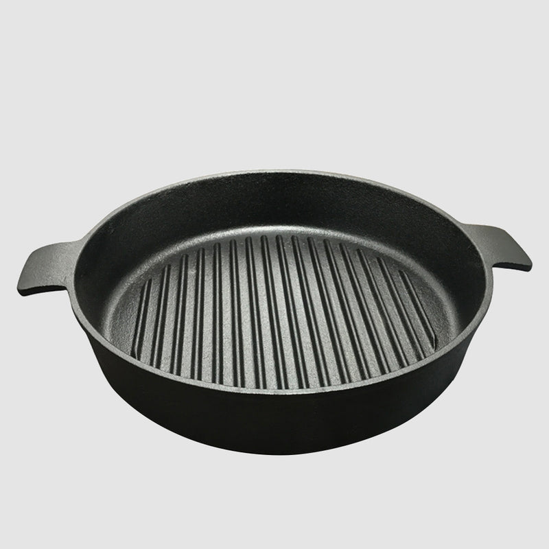 2X 26cm Round Ribbed Cast Iron Frying Pan Skillet Steak Sizzle Platter with Handle