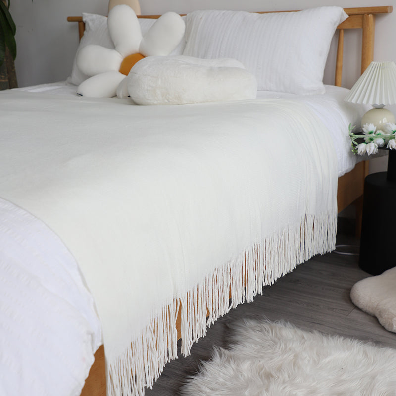 White Acrylic Knitted Throw Blanket Solid Fringed Warm Cozy Woven Cover Couch Bed Sofa Home Decor