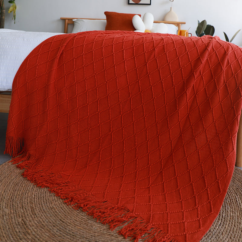 Red Diamond Pattern Knitted Throw Blanket Warm Cozy Woven Cover Couch Bed Sofa Home Decor with Tassels