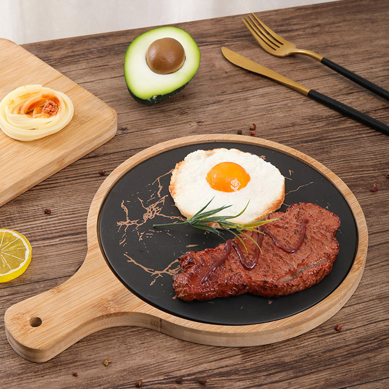 2X 30cm Black Circle Wooden Serving Tray Slate Steak Serving Platter Chopping Board Paddle Home Decor