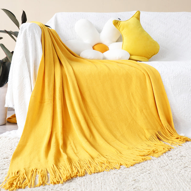 2X Yellow Acrylic Knitted Throw Blanket Solid Fringed Warm Cozy Woven Cover Couch Bed Sofa Home Decor