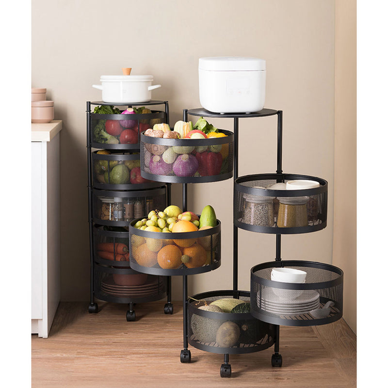 5 Tier Steel Round Rotating Kitchen Cart Multi-Functional Shelves Portable Storage Organizer with Wheels