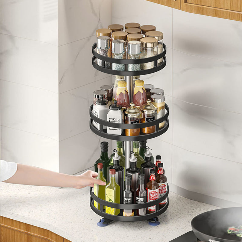 3 Tier Steel Black Round Rotating Multi-Function Kitchen Portable Storage Spice Seasoning Kitchen Countertop Organiser Shelf